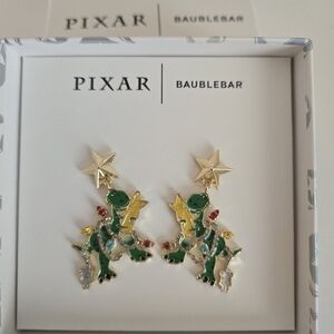 NWT Disney PIXAR BaubleBar REX Dinosaur Holiday Earrings - Green, Gold, and Red